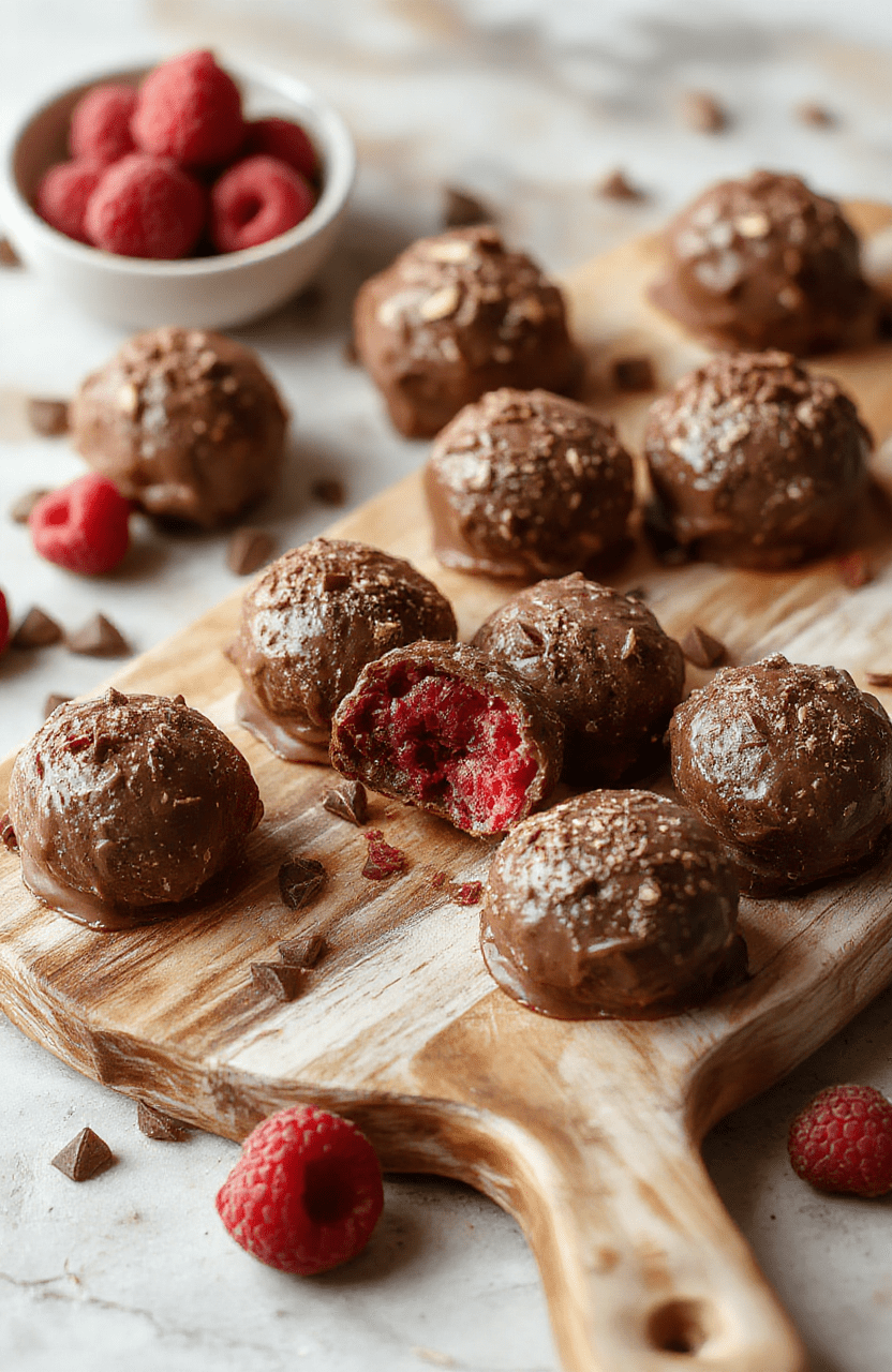 Glossy dark chocolate truffles with vibrant ruby-red raspberry centers, dusted with powdered sugar, arranged on a rustic wooden board with fresh raspberries and chocolate shavings, natural light, shallow depth of field, soft shadows
