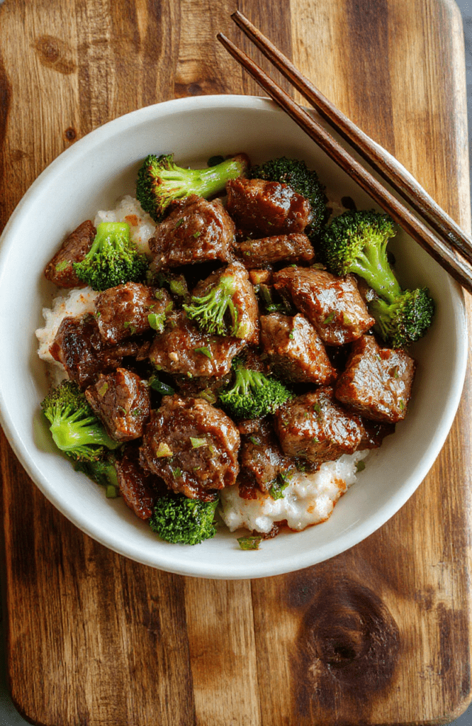 Sizzling beef strips and vibrant green broccoli florets in a glossy savory-sweet sauce, served in a cast-iron skillet on a wooden table, garnished with sesame seeds and sliced green onions, natural daylight, shallow depth of field, realistic textures with charred edges and glistening glaze on the meat.