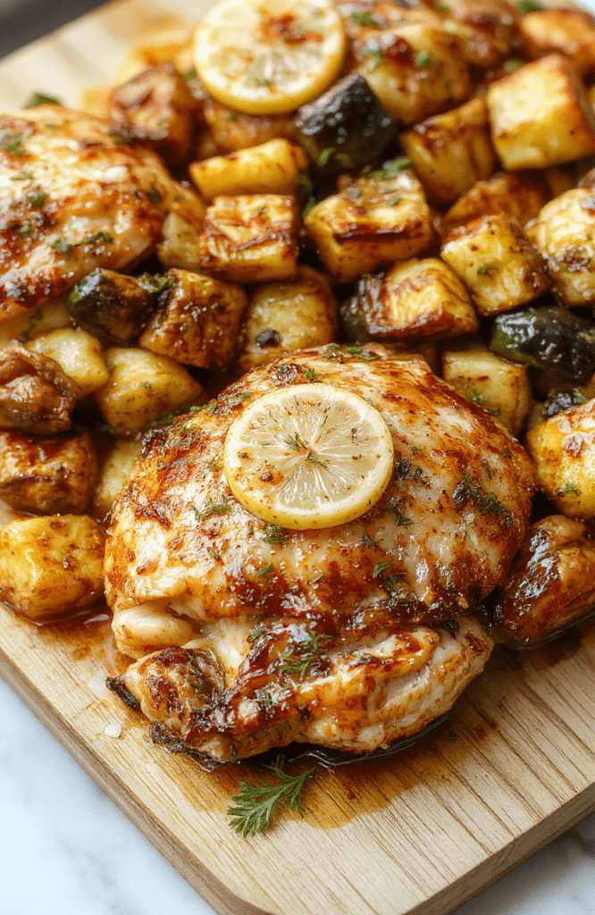 A colorful one-pan meal on a rustic wooden board: golden-brown lemon-garlic chicken breasts surrounded by roasted bell peppers, zucchini, cherry tomatoes, and broccoli florets, drizzled with olive oil and garnished with fresh parsley. Steam rising subtly, natural light highlighting vibrant colors and textures.