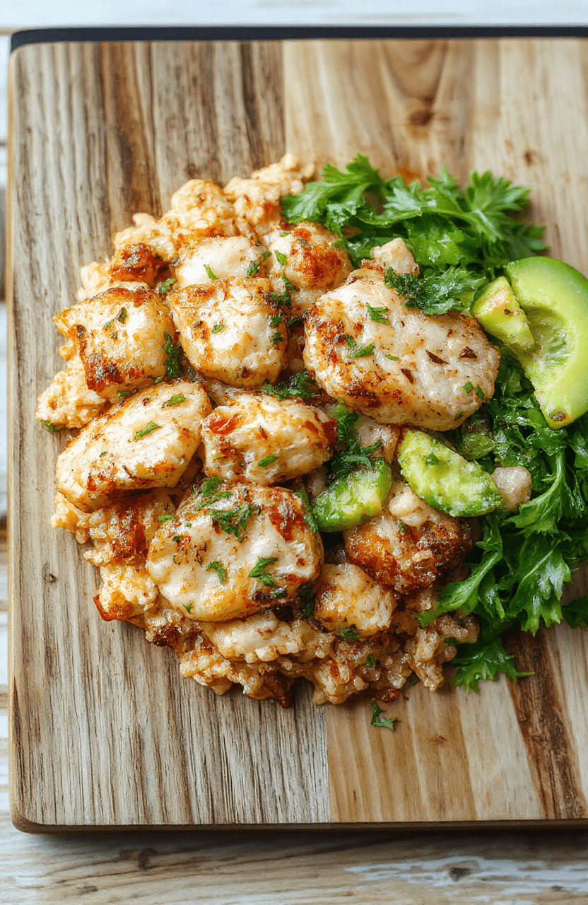 Golden-brown chicken thighs with tender jasmine rice, sautéed onions, garlic, and green peas in a cast iron skillet, garnished with fresh parsley and lemon wedges on a rustic wooden cutting board, natural daylight with soft shadows.