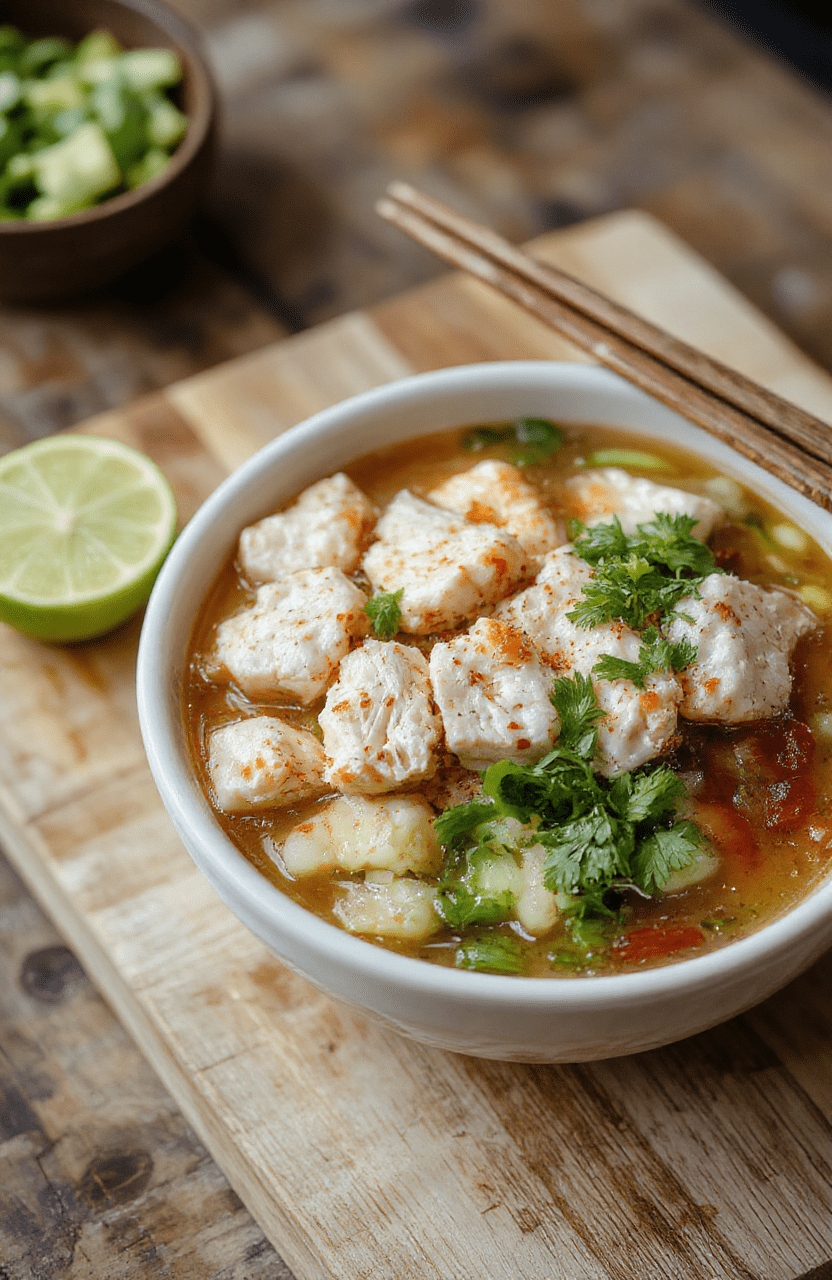 A steaming bowl of clear golden-brown chicken pho broth filled with tender sliced chicken, smooth rice noodles, white onion rings, fresh cilantro sprigs, jagged green onion slices, and a scatter of bean sprouts on a rustic wooden cutting board with soft natural shadows.