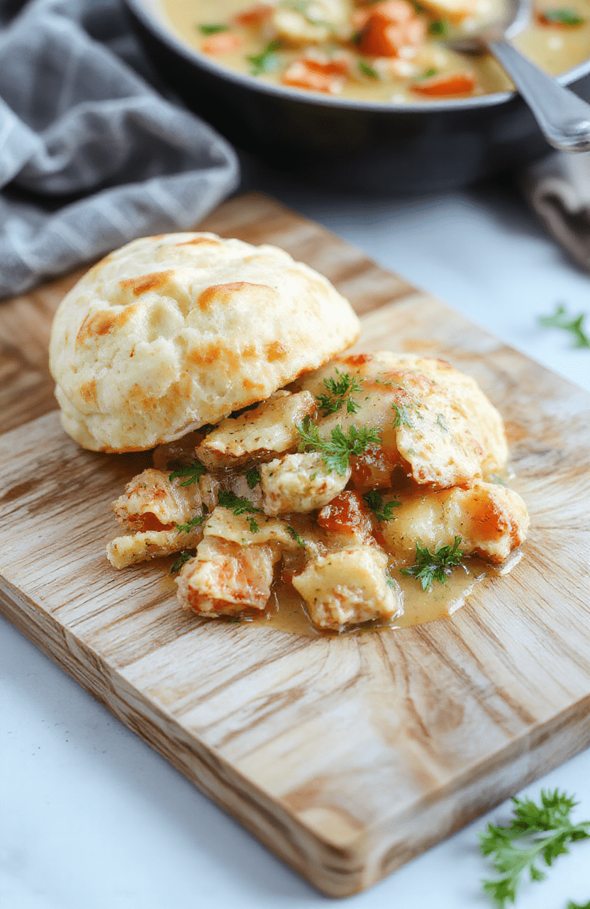 A steaming bowl of golden chicken dumpling soup with tender chicken, soft biscuit dumplings, and bits of carrot and celery, garnished with fresh parsley, served on a rustic wooden board with a fold of checkered paper towel.