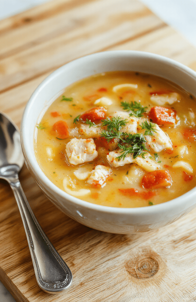 A steaming bowl of golden chicken noodle soup with tender shredded chicken, soft egg noodles, diced carrots, and celery, garnished with fresh parsley, placed on a rustic wooden table with soft natural light casting gentle shadows.