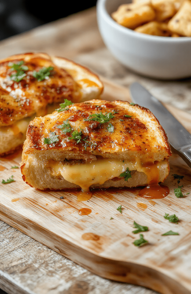 A golden-brown grilled cheese sandwich made with thick slices of slightly sweet Hawaiian roll, melted American cheese oozing from the sides, placed on a rustic wooden cutting board with a sprinkle of flaky sea salt and a small pat of butter visible on the edge. Natural light casts soft shadows, emphasizing the crispy exterior and soft interior.