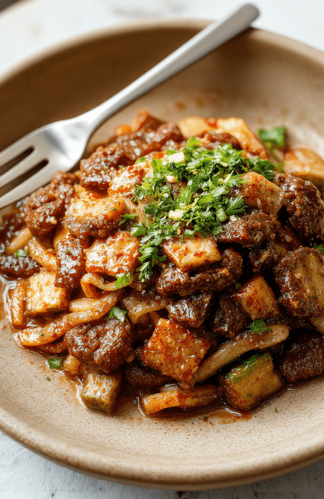 Close-up of tender beef strips and thin noodles in a glossy, savory-sweet Mongolian sauce, garnished with green onions and sesame seeds, served on a rustic wooden cutting board with soft natural shadows