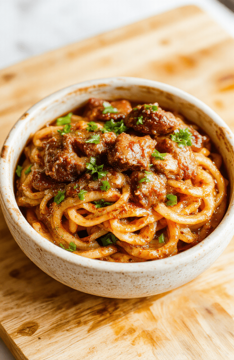 Glossy crimson-brown beef strips and chewy rice noodles tossed with sesame seeds, sliced green onions, and charred chili flakes on a plain white ceramic bowl, steam rising, fresh cilantro drizzle on top, with subtle soy-gloss glaze on noodles