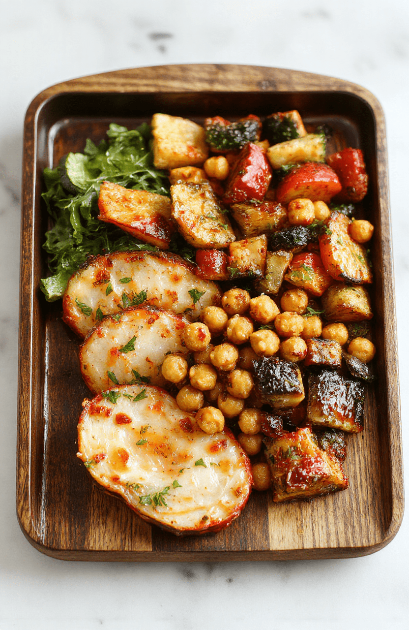 Vibrant roasted rainbow vegetables and golden crispy chickpeas arranged on a rustic wooden sheet pan, lightly drizzled with olive oil and fresh herbs, served in a shallow ceramic bowl with lemon wedges and parsley garnish, rustic wooden table background, natural daylight, soft shadows