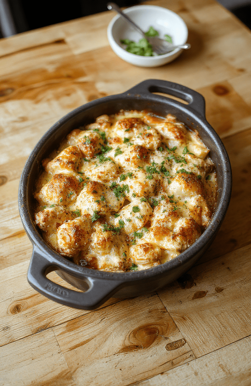 A golden-brown, bubbly chicken casserole in a deep ceramic baking dish, topped with melted cheddar and mozzarella cheese, surrounded by crispy baked pasta, tender chicken chunks, and green peas. Shot in natural light with shallow depth of field, lower third empty for text overlay.