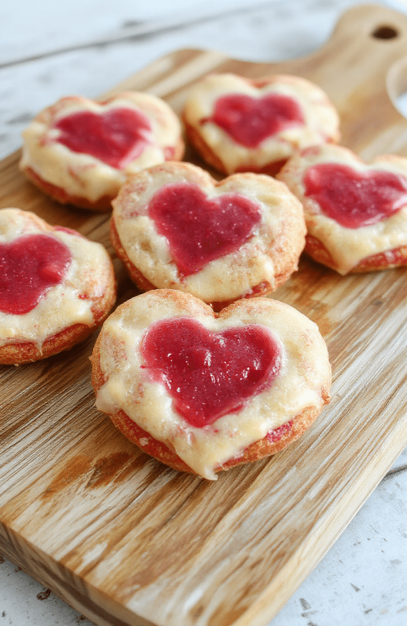 Handmade heart-shaped soft-baked cookies with pale pink icing drizzle and red sugar sparkles on a rustic wooden board, surrounded by red roses and pink confetti, natural daylight, soft shadows, shallow depth of field