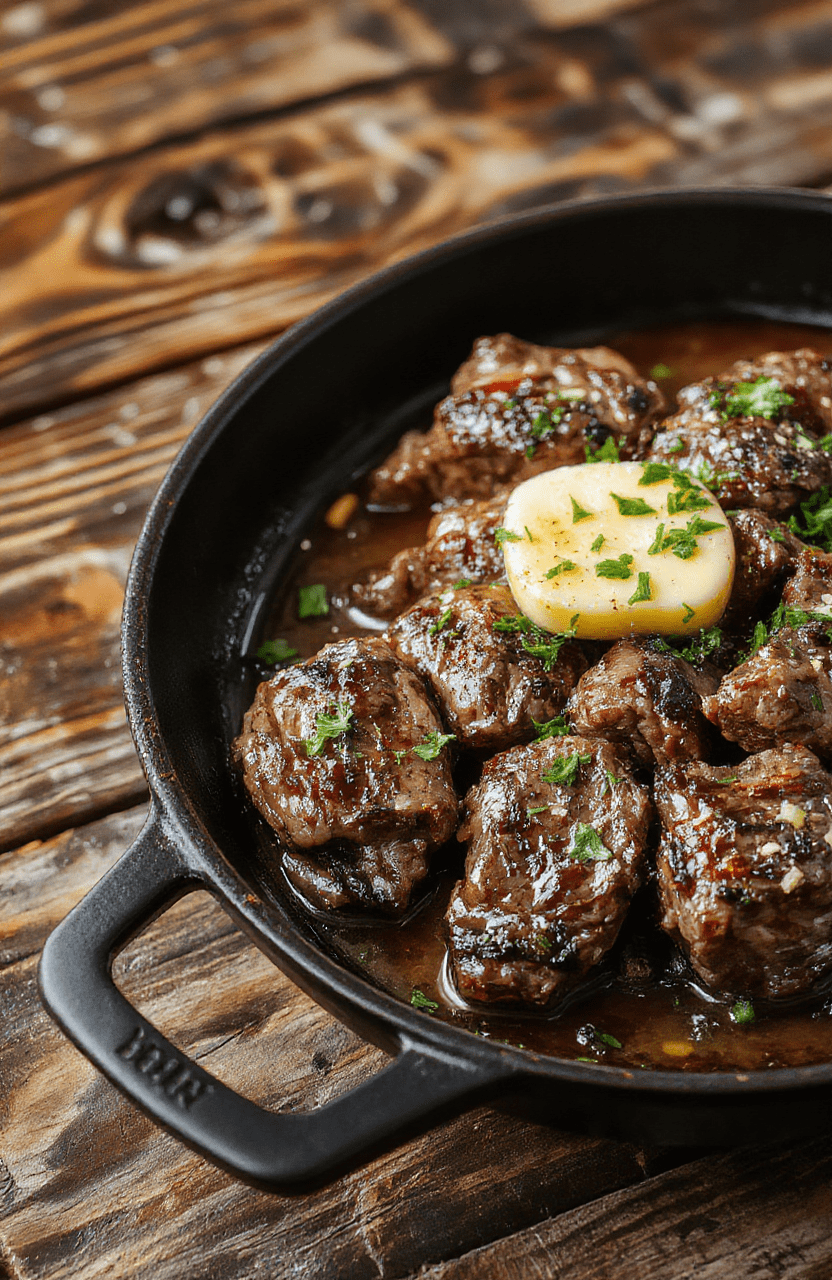 Tender steak strips glistening with golden garlic butter sauce, nestled beside roasted cherry tomatoes and fresh parsley, served in a cast iron skillet on a rustic wooden table with soft shadows and natural daylight.