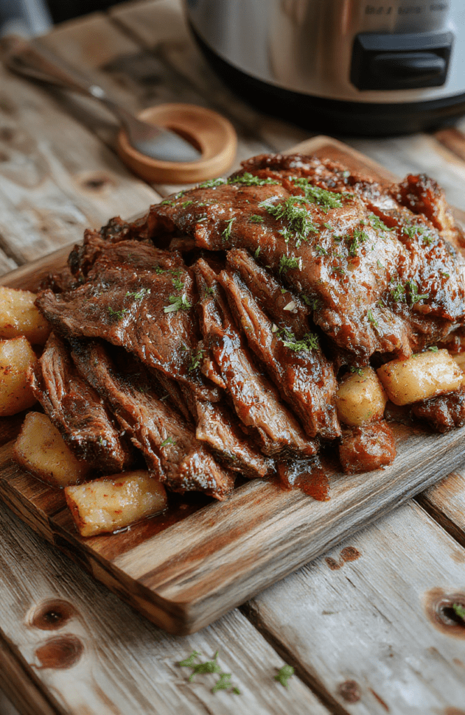 A rustic ceramic crock pot on a wooden countertop filled with tender, deep brown pot roast chunks, golden-brown carrots, creamy purple potatoes, and leafy green parsley, steam rising gently from the surface under natural daylight.