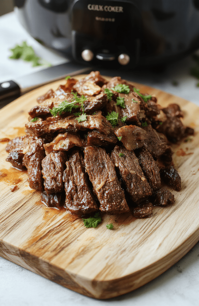 A deep ceramic crockpot filled with fall-apart tender beef chunks in rich, glossy brown gravy, surrounded by golden roasted carrots and creamy potatoes, garnished with fresh parsley, served in a rustic wooden bowl with steam rising gently.