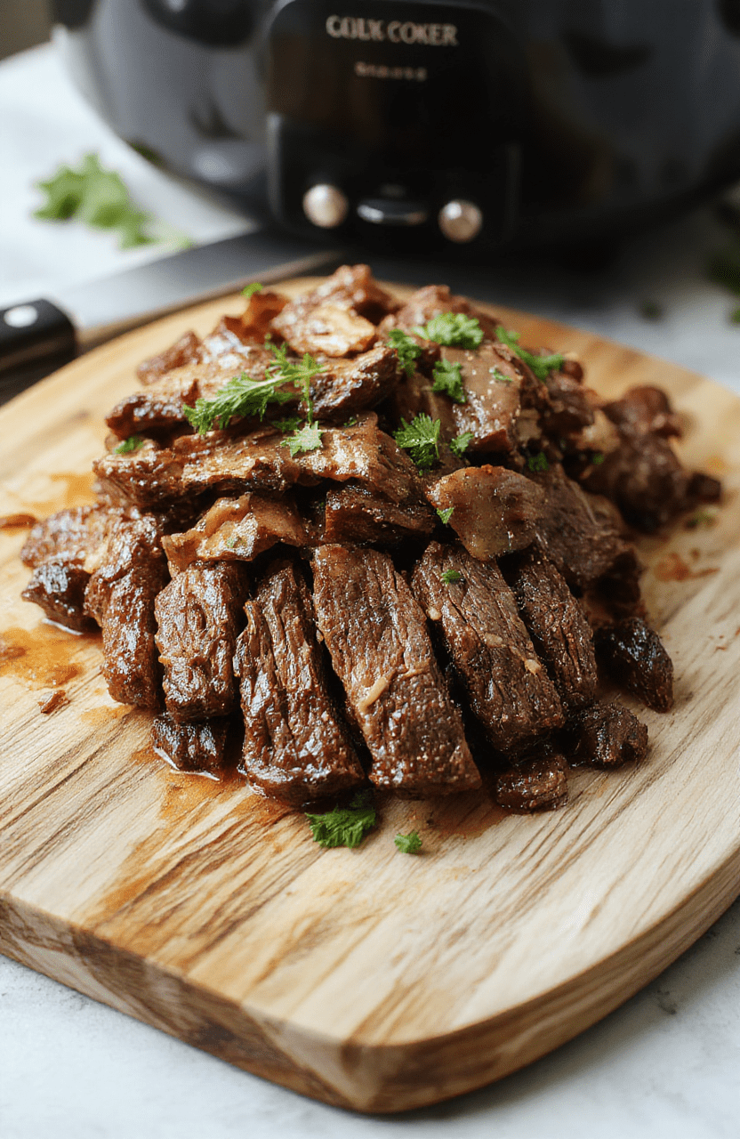 A deep ceramic crockpot filled with fall-apart tender beef chunks in rich, glossy brown gravy, surrounded by golden roasted carrots and creamy potatoes, garnished with fresh parsley, served in a rustic wooden bowl with steam rising gently.