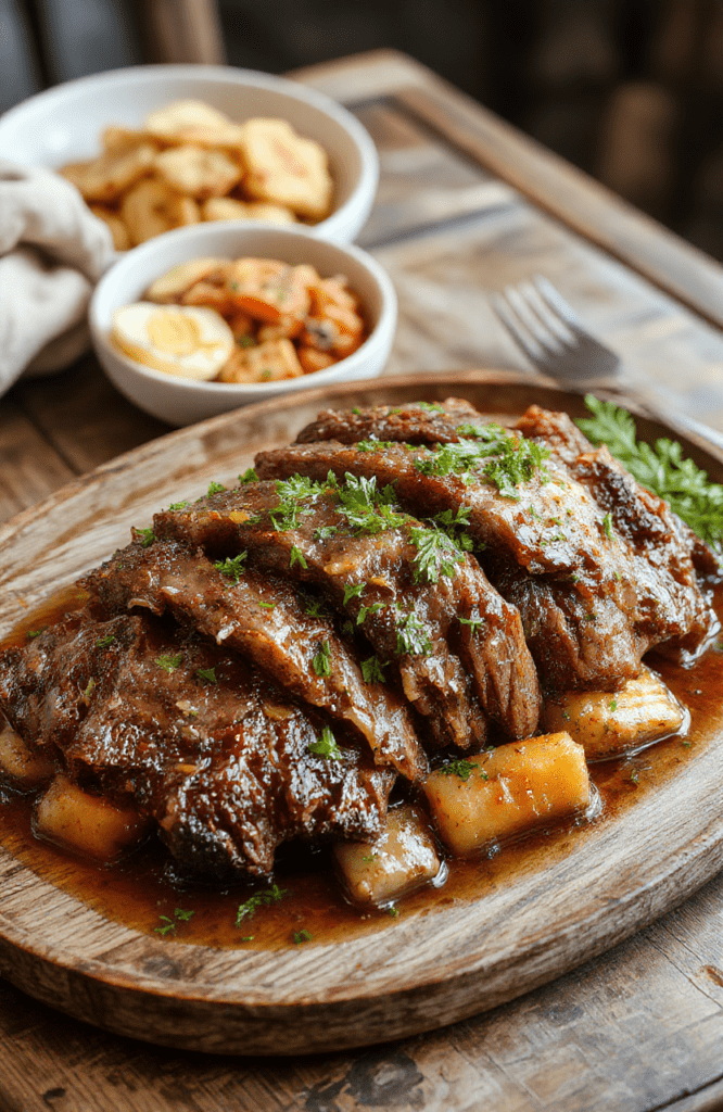 A rustic ceramic crockpot centered on a wooden countertop, revealing tender, glowing-brown pot roast chunks surrounded by golden carrots, pearl onions, and thick potato wedges in rich brown gravy. Steam subtly rises, garnished with fresh parsley. Warm ambient lighting highlights the dish's natural textures and colors.