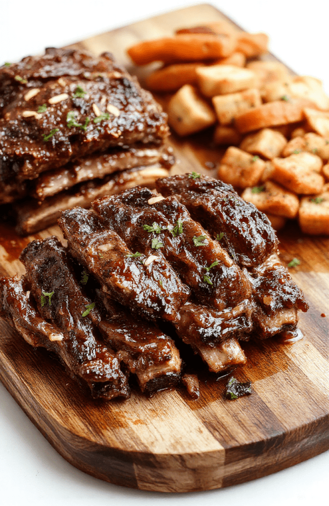 Four tender, glistening beef short ribs resting on a rustic wooden board, glazed with rich brown sauce, garnished with fresh parsley and thyme sprigs, served with roasted carrots and baby potatoes on the side, rustic background with soft natural shadows and warm lighting.