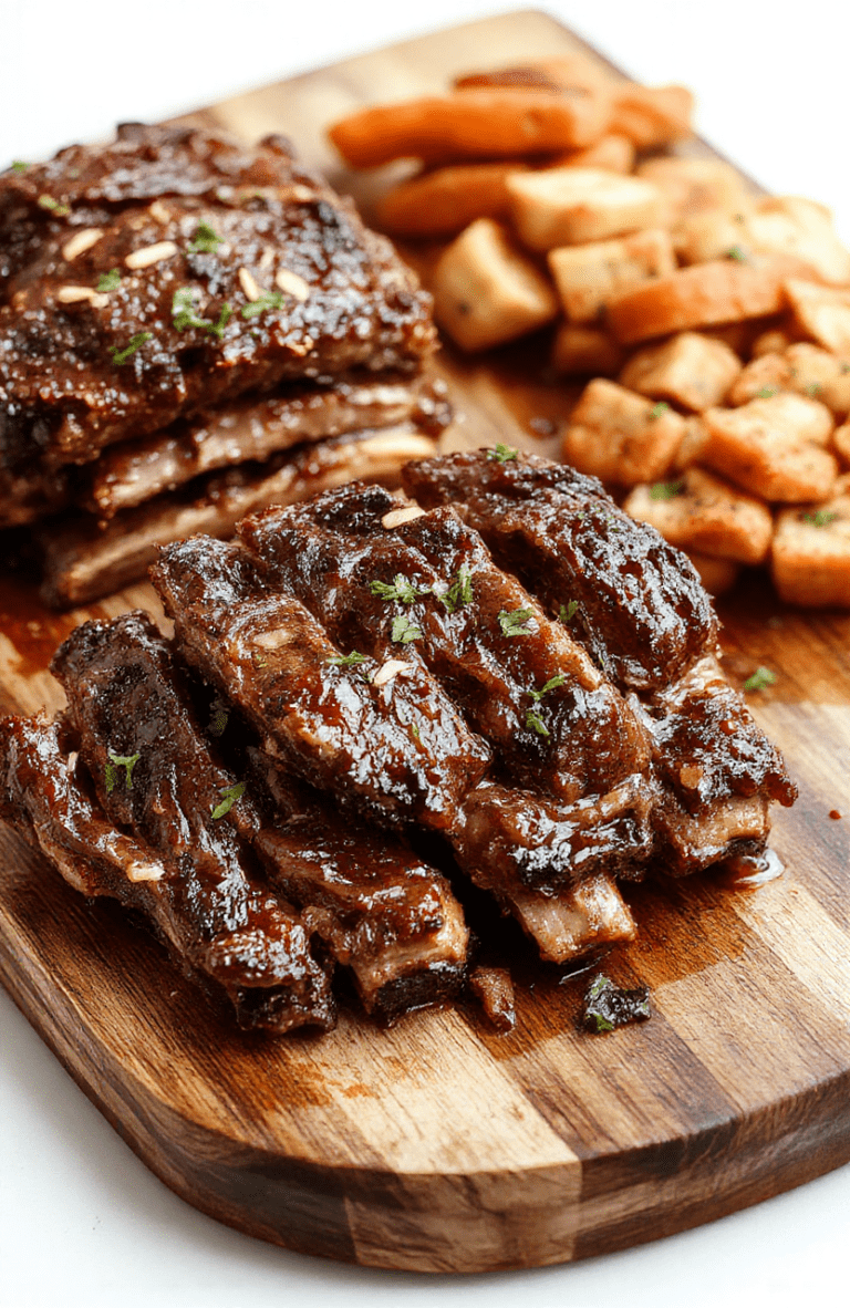 Four tender, glistening beef short ribs resting on a rustic wooden board, glazed with rich brown sauce, garnished with fresh parsley and thyme sprigs, served with roasted carrots and baby potatoes on the side, rustic background with soft natural shadows and warm lighting.