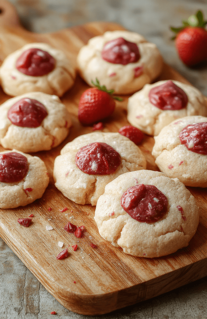 Soft, golden-brown strawberry cookies with a pink fondant kiss in the center, placed on a rustic wooden board, dusted lightly with powdered sugar,旁边一旁 fresh strawberries and berry confetti