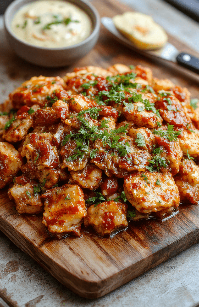 A steaming bowl of hearty jambalaya with pinkish-orange spicy Cajun chicken, tender shrimp, browned Andouille sausage, and fluffy rice, studded with diced red bell pepper, green onion, and a hint of tomato. Garnished with fresh parsley and a squeeze of lemon.