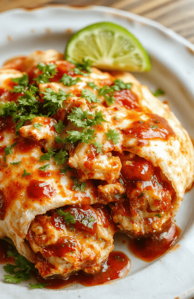 Two generous chipotle-lime chicken burritos wrapped in warm flour tortillas, cut diagonally to reveal hearty fillings of seasoned shredded chicken, black beans, fired red peppers, melted cheese, fresh cilantro, and creamy avocado slices on a rustic wood board against a soft natural background