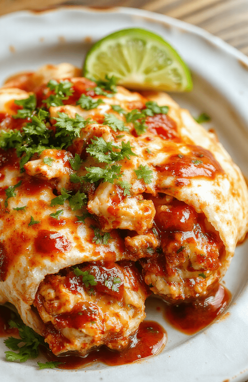 Two generous chipotle-lime chicken burritos wrapped in warm flour tortillas, cut diagonally to reveal hearty fillings of seasoned shredded chicken, black beans, fired red peppers, melted cheese, fresh cilantro, and creamy avocado slices on a rustic wood board against a soft natural background