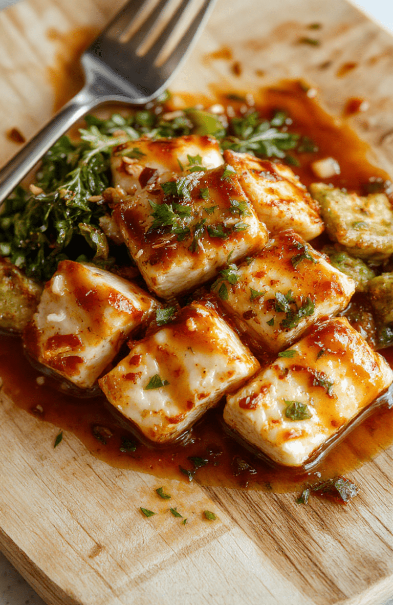 A vibrant bowl of crispy golden tofu cubes in a creamy coconut-lime sauce with red chili flakes, nestled over fluffy jasmine rice, garnished with fresh cilantro and sliced green onions, served on a rustic wooden board with soft natural lighting.