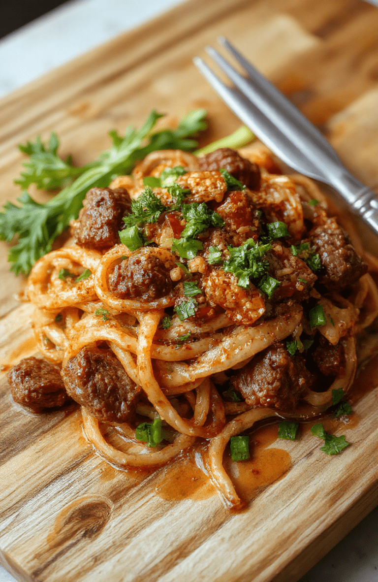 Close-up of steaming lamb noodles in a deep ceramic bowl: tender flat rice noodles coated in glossy, slightly spicy cumin-infused sauce, with tiny browned lamb bits, sliced scallions, and a sprinkle of toasted sesame seeds, set against a rustic wooden table with natural wood grain and soft shadows.