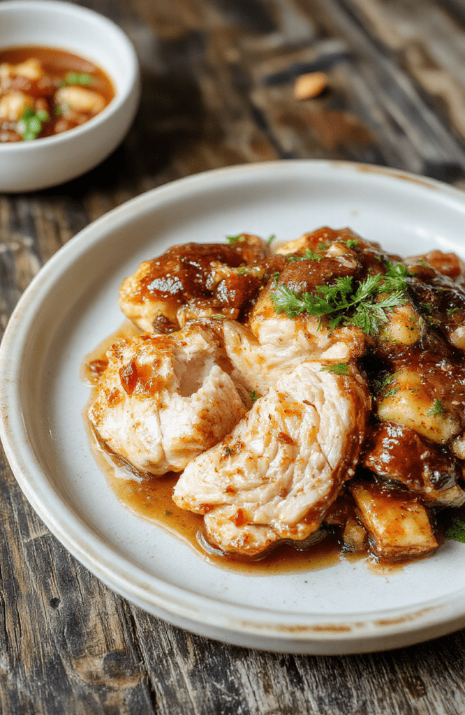 A close-up of golden-brown, glossy sticky brown sugar garlic chicken thighs on a white ceramic plate, glistening with rich caramelized glaze, garnished with sesame seeds and thinly sliced green onions, served with steamed jasmine rice and charred broccolini on the side, natural daylight highlighting the sticky texture and deep amber glaze