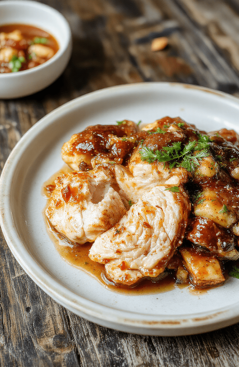 A close-up of golden-brown, glossy sticky brown sugar garlic chicken thighs on a white ceramic plate, glistening with rich caramelized glaze, garnished with sesame seeds and thinly sliced green onions, served with steamed jasmine rice and charred broccolini on the side, natural daylight highlighting the sticky texture and deep amber glaze