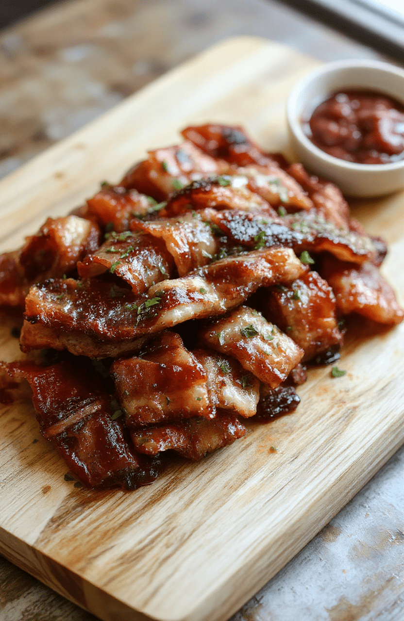 Glossy caramel-drizzled mini bacon-wrapped smokies arranged on a rustic wooden board, with crispy bacon edges, sticky sweet glaze glistening under natural light, garnished with chopped parsley and a sprig of thyme.