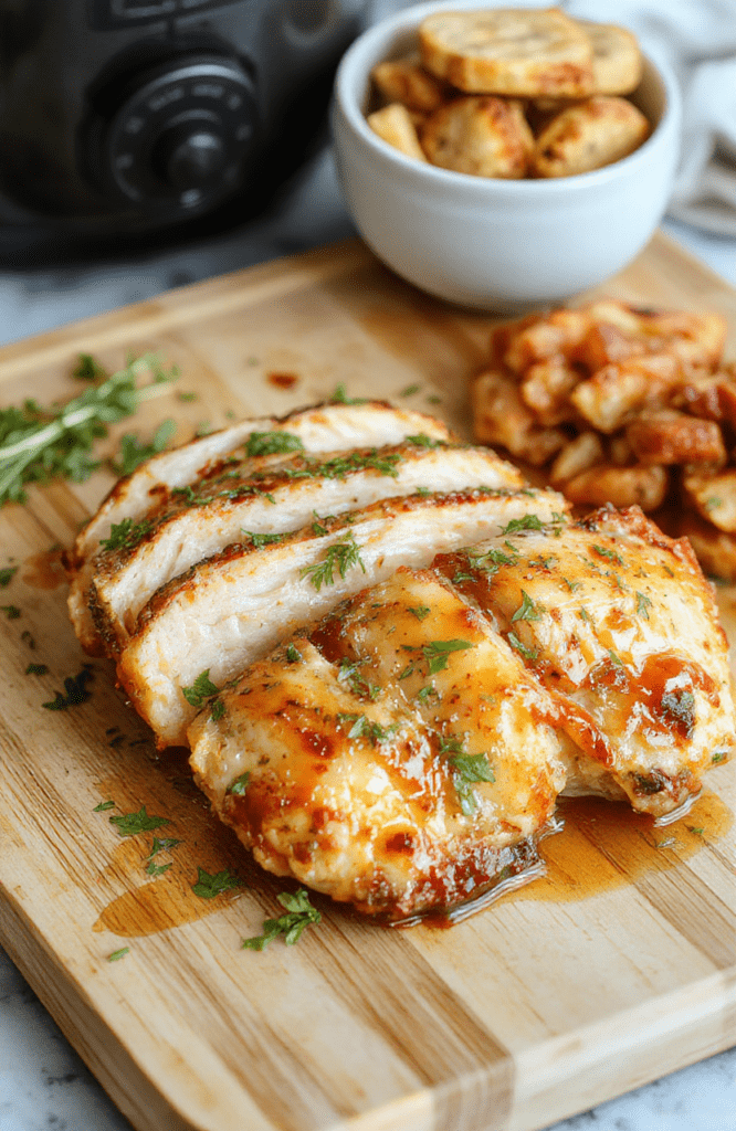 A rustic wooden board holding golden-brown honey garlic chicken thighs glistening with sticky glaze, surrounded by roasted broccoli florets, garlic cloves, and fresh thyme sprigs on a light oak cutting board, soft natural light casting gentle shadows, minimal garnish with lemon zest and sesame seeds