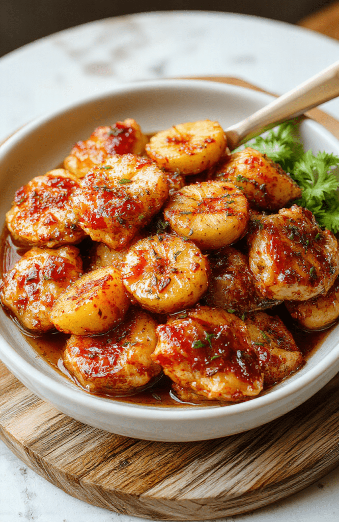 Golden-brown stir-fried chicken pieces with vibrant chunks of fresh pineapple, bell peppers, and onions in a glossy sweet-savory glaze, served over fluffy white rice in a rustic ceramic bowl.