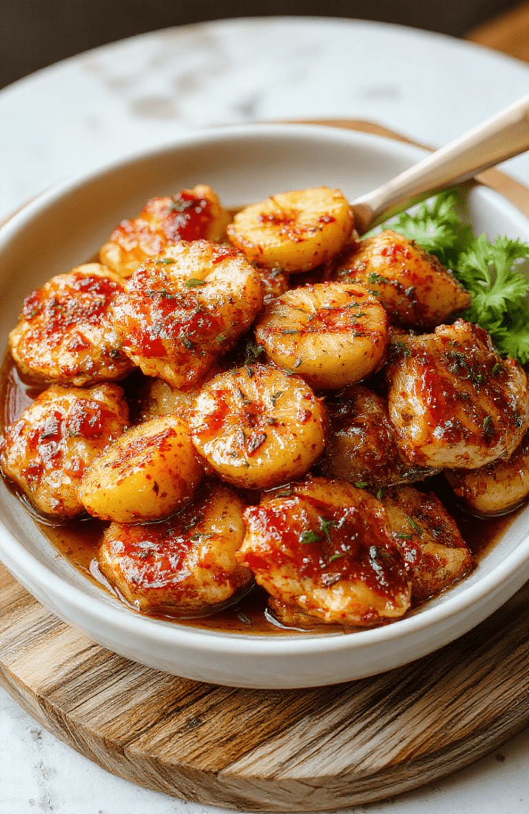 Golden-brown stir-fried chicken pieces with vibrant chunks of fresh pineapple, bell peppers, and onions in a glossy sweet-savory glaze, served over fluffy white rice in a rustic ceramic bowl.