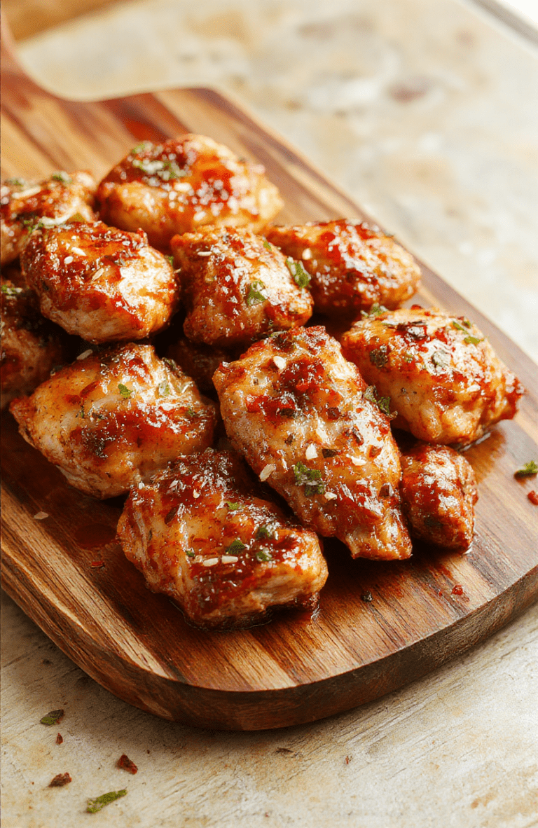 Golden-brown crispy honey pepper chicken pieces glistening with sticky sweet-spicy glaze, nestled on a rustic wooden board with halved red and green bell peppers, thinly sliced garlic, and a drizzle of honey and red pepper flakes nearby, fresh cilantro sprigs scattered around, soft natural light casting gentle shadows.
