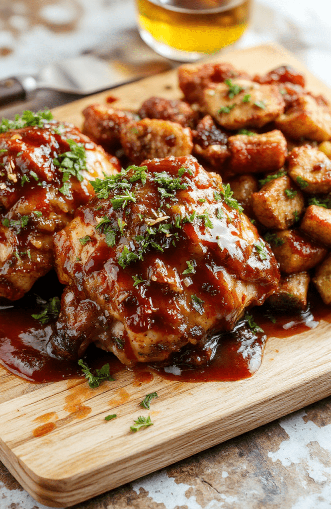 Glossy, sticky glazed bourbon chicken pieces with caramelized edges, nestled in a ceramic slow cooker insert beside a bed of fluffy white rice, garnished with chopped green onions and sesame seeds, backdrop of warm wooden kitchen counter with soft natural light.
