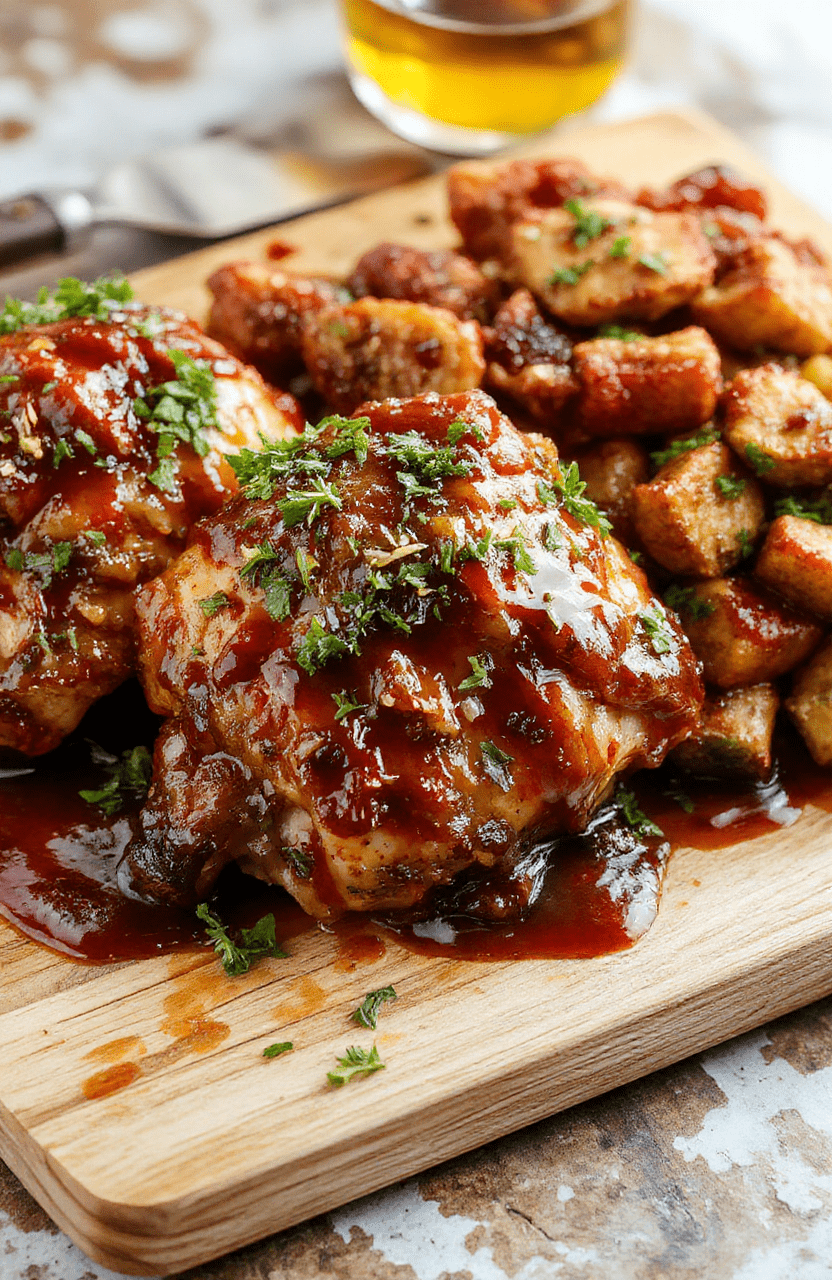 Glossy, sticky glazed bourbon chicken pieces with caramelized edges, nestled in a ceramic slow cooker insert beside a bed of fluffy white rice, garnished with chopped green onions and sesame seeds, backdrop of warm wooden kitchen counter with soft natural light.