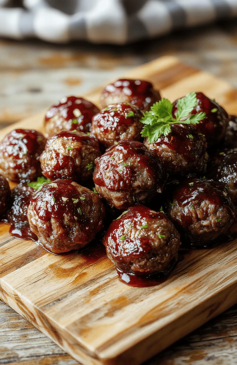 Glossy ruby-red grape jelly meatballs glistening with glaze, nestled in a rustic ceramic bowl surrounded by toothpicks and fresh rosemary sprigs, golden brown meatballs with slightly caramelized edges, high contrast against a warm wooden cutting board in soft natural daylight.