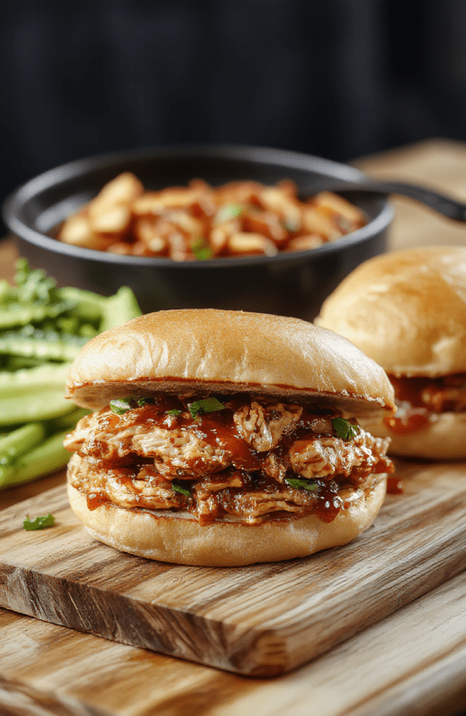 Golden-brown pulled chicken glistening with smoky BBQ sauce, piled high between two soft brioche buns, garnished with crisp pickles and fresh cilantro, served on a rustic wooden board with a side of coleslaw
