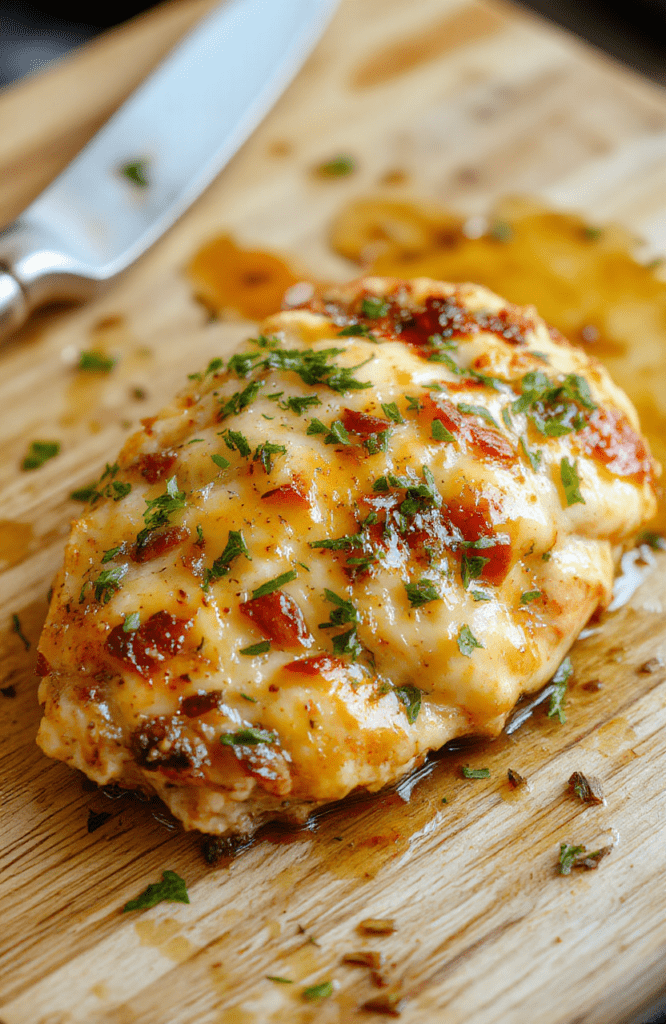 Golden-brown pan-seared chicken thighs glistening with rich garlic butter sauce, garnished with fresh parsley and lemon wedges, served on a rustic wooden board alongside lightly charred broccoli florets and roasted baby potatoes.