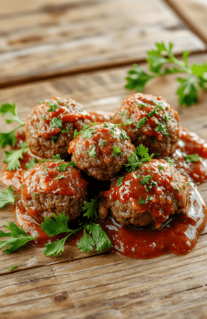 Golden-brown Italian meatballs nestled in a rustic ceramic bowl filled with rich red marinara sauce, garnished with fresh parsley and a light sprinkle of Parmesan cheese. Steam rises gently from the hot dish, highlighting the tender, juicy texture of the meatballs.
