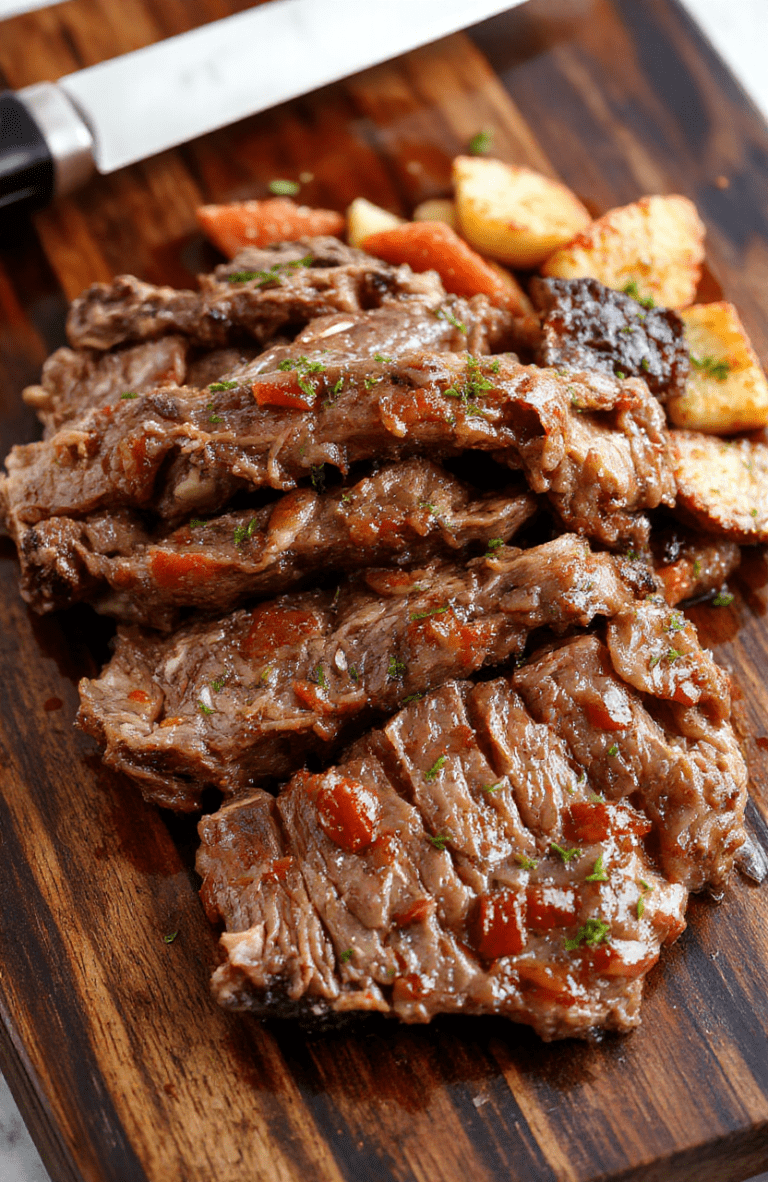 A rustic slow cooker filled with a richly browned chuck roast, surrounded by golden onion rings, sliced garlic cloves, and dotted with cubed softened butter, steam gently rising above the tender meat in natural daylight.
