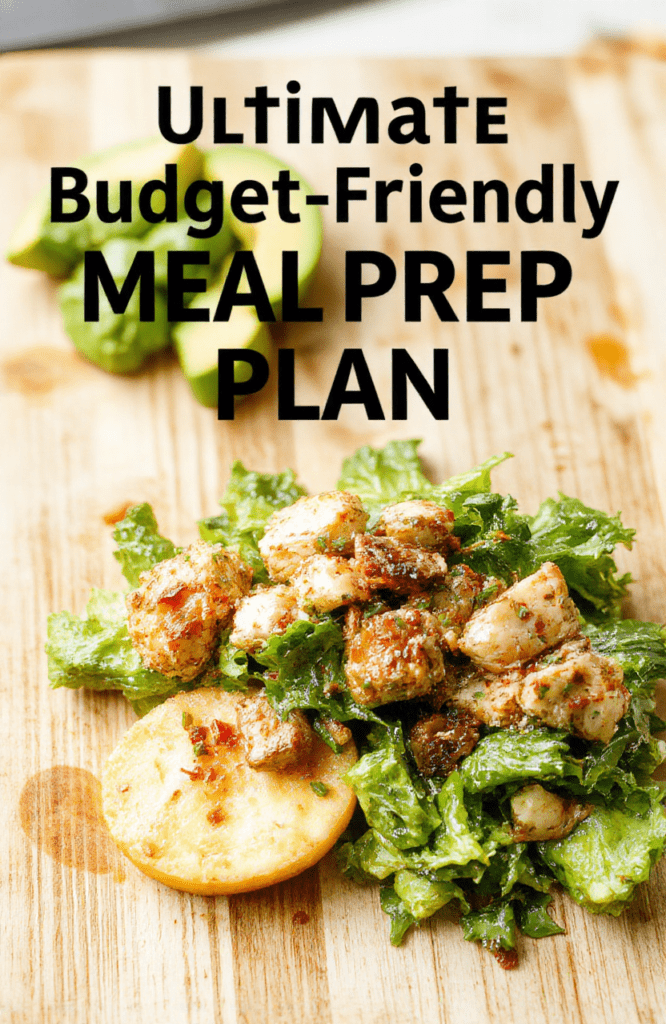A tidy tabletop with five Mason jars and one large meal prep container filled with colorful, healthy meals: brown rice, roasted chickpeas, steamed broccoli, shredded chicken, and sliced avocado, arranged neatly with a handwritten label and reusable silicone lids, shown in natural daylight with soft shadows.