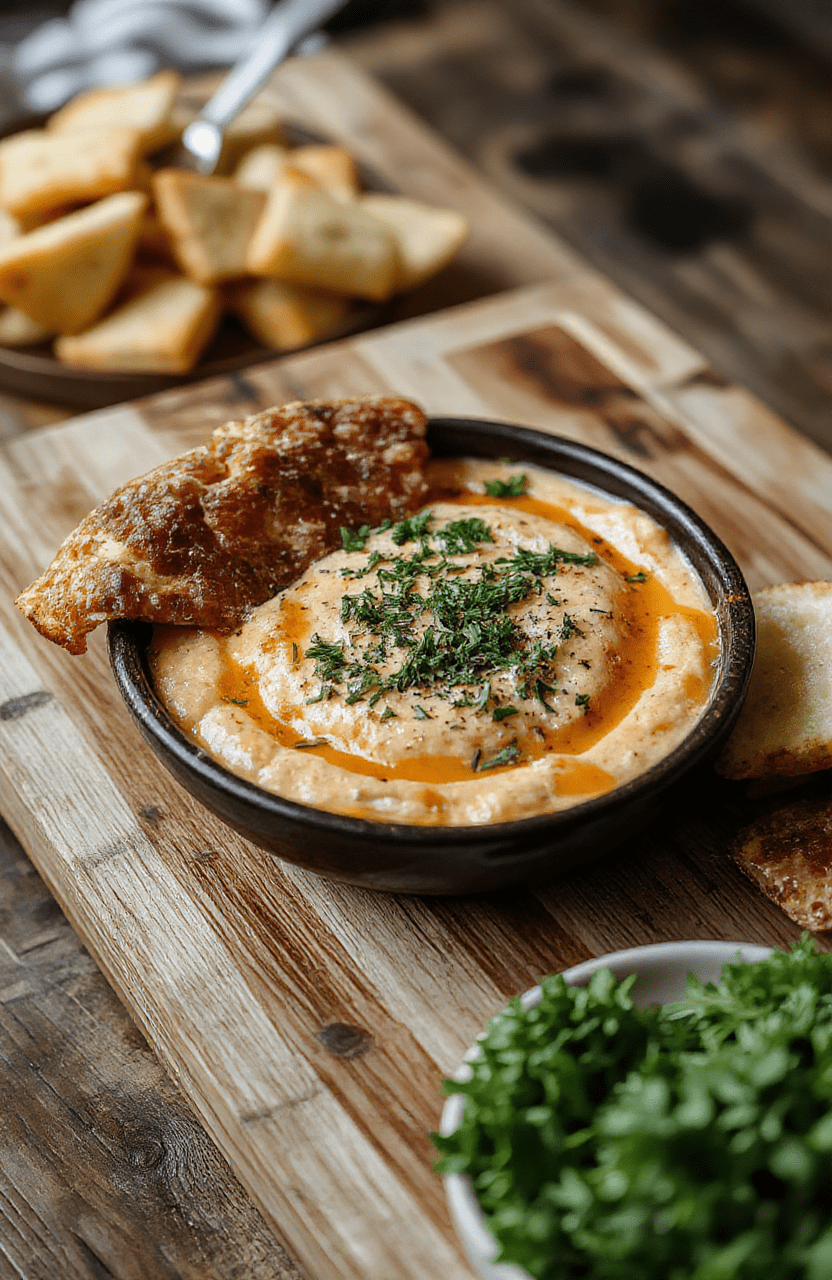 A warm, bubbly baked buffalo chicken dip served in a rustic ceramic baking dish, topped with crumbled blue cheese and sliced green onions, surrounded by tortilla chips and celery sticks on a wooden board, vibrant red-orange sauce glistening under soft natural light.