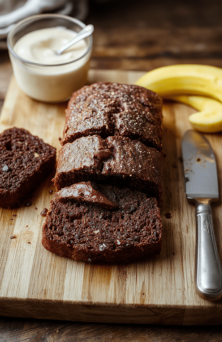 A rich, slice of chocolate banana bread with a glossy, crackled crust, glistening chocolate chips visible inside, placed on a rustic wooden cutting board, dusted lightly with powdered sugar,旁边 with a few semi-sliced ripe bananas and a glass of milk on the side, warm natural daylight, cozy kitchen backdrop.