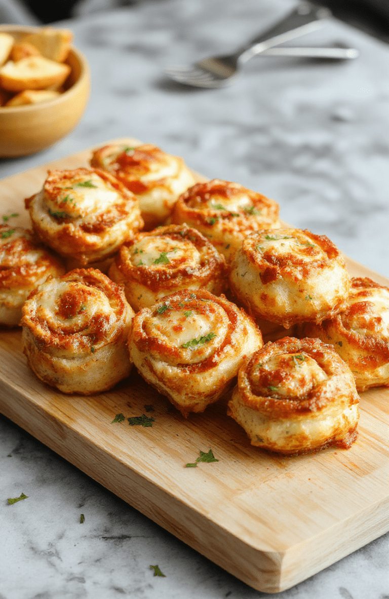 Golden-brown, perfectly puffed pizza rolls on a white ceramic plate, dusted with Italian seasoning and fresh parsley, with melted mozzarella peeking from a split roll, steam rising, vibrant marinara sauce in a small ramekin beside them, on a rustic wooden board under soft natural light.