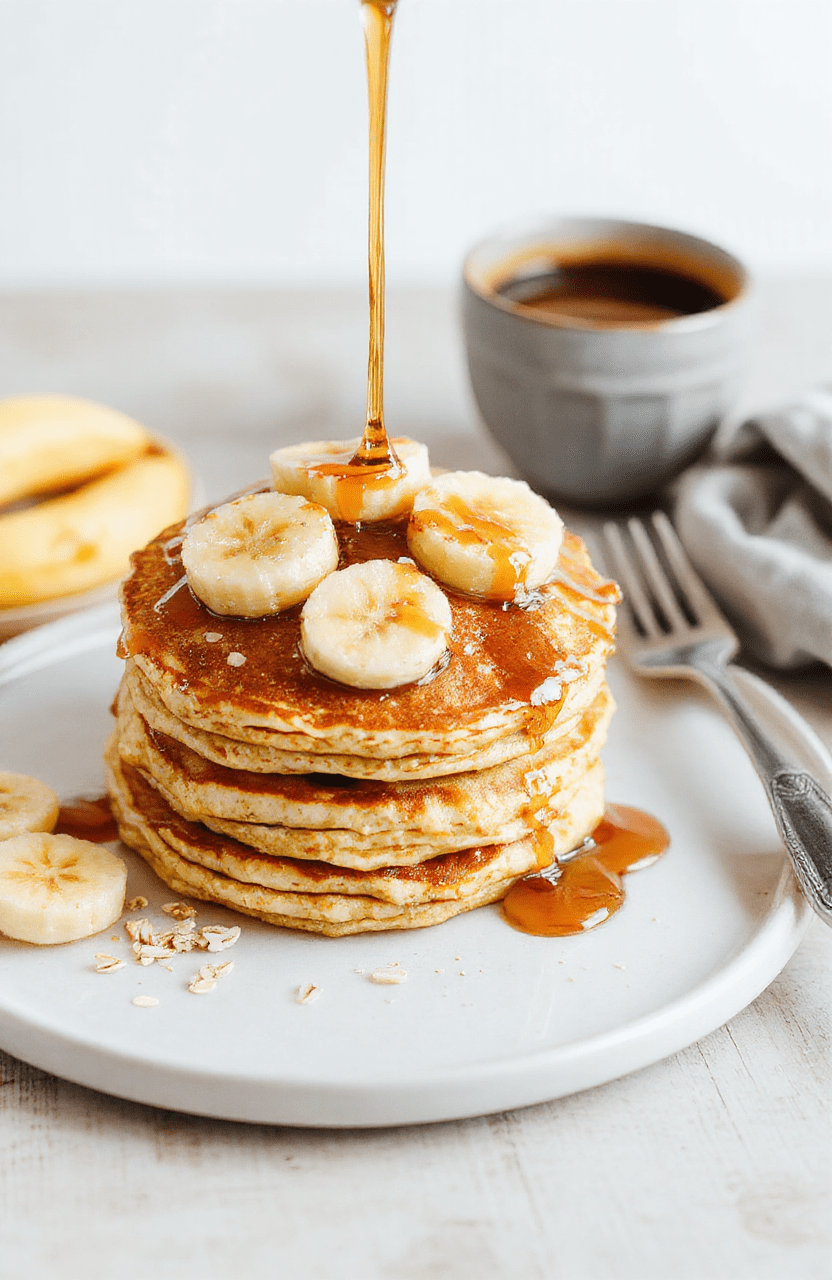 A stack of fluffy banana oatmeal pancakes on a white plate, drizzled with maple syrup and topped with banana slices. Golden-brown edges, visible oats in the batter, with a light sprinkle of cinnamon. Plate sits on a light-wood countertop with a bowl of oats and a ripe banana in the background for a cozy breakfast shot.