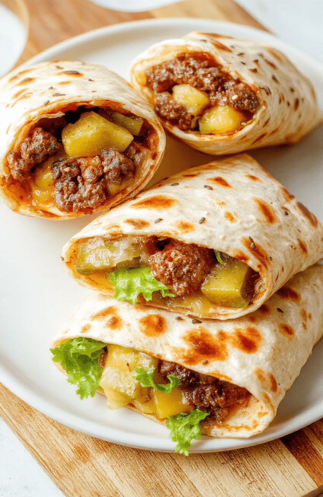 Vibrant close-up of a plate of Big Mac wraps showing juicy beef, melted cheddar, crisp lettuce, sliced pickles, and a generous swirl of creamy sauce inside warm tortillas. The wraps are arranged on a white plate with sesame seeds, set on a rustic wooden board with natural daylight and soft shadows, highlighting textures and colors.
