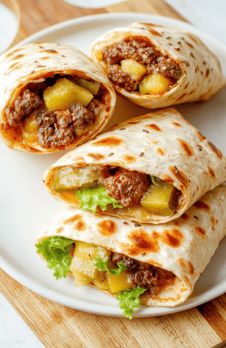 Vibrant close-up of a plate of Big Mac wraps showing juicy beef, melted cheddar, crisp lettuce, sliced pickles, and a generous swirl of creamy sauce inside warm tortillas. The wraps are arranged on a white plate with sesame seeds, set on a rustic wooden board with natural daylight and soft shadows, highlighting textures and colors.