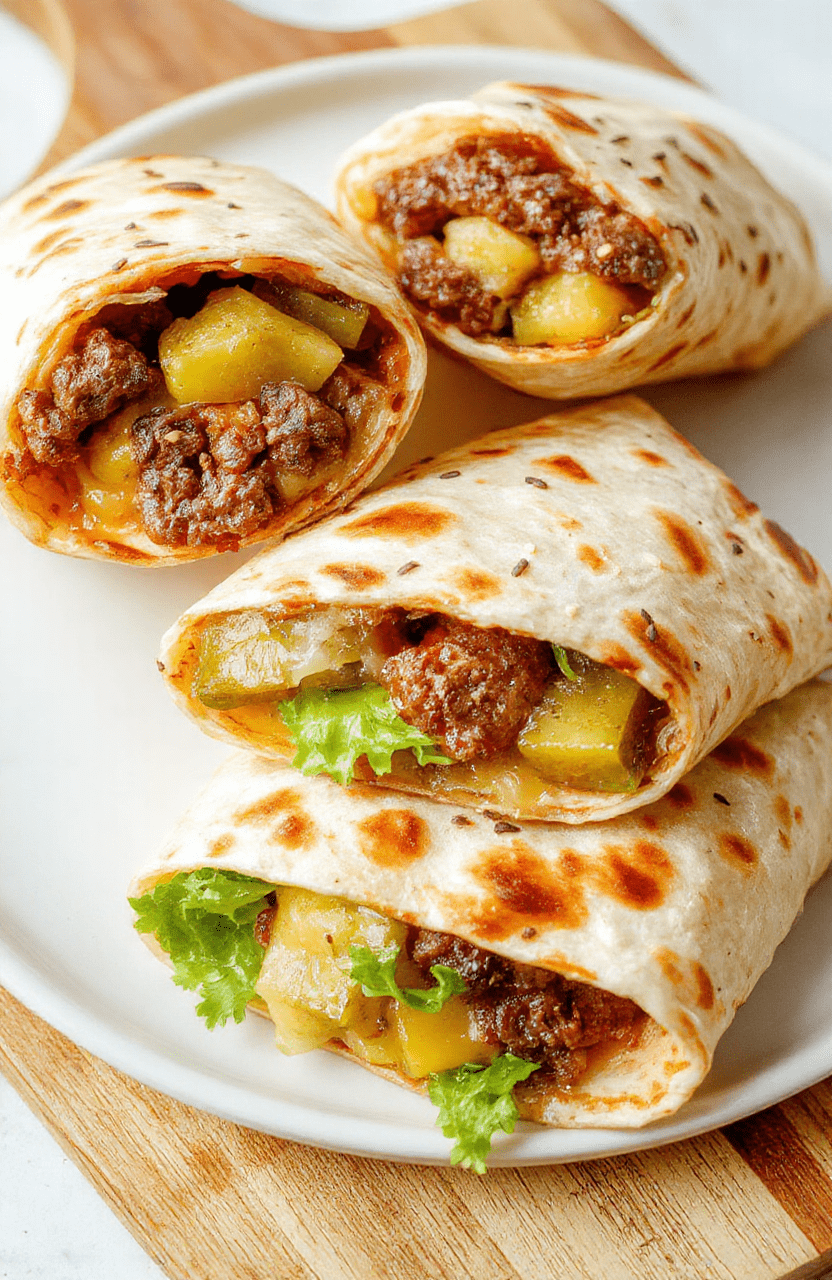 Vibrant close-up of a plate of Big Mac wraps showing juicy beef, melted cheddar, crisp lettuce, sliced pickles, and a generous swirl of creamy sauce inside warm tortillas. The wraps are arranged on a white plate with sesame seeds, set on a rustic wooden board with natural daylight and soft shadows, highlighting textures and colors.