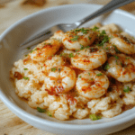 A skillet of golden shrimp in garlic butter rests atop fluffy white rice, garnished with chopped parsley and lemon wedges on a dark wooden board.