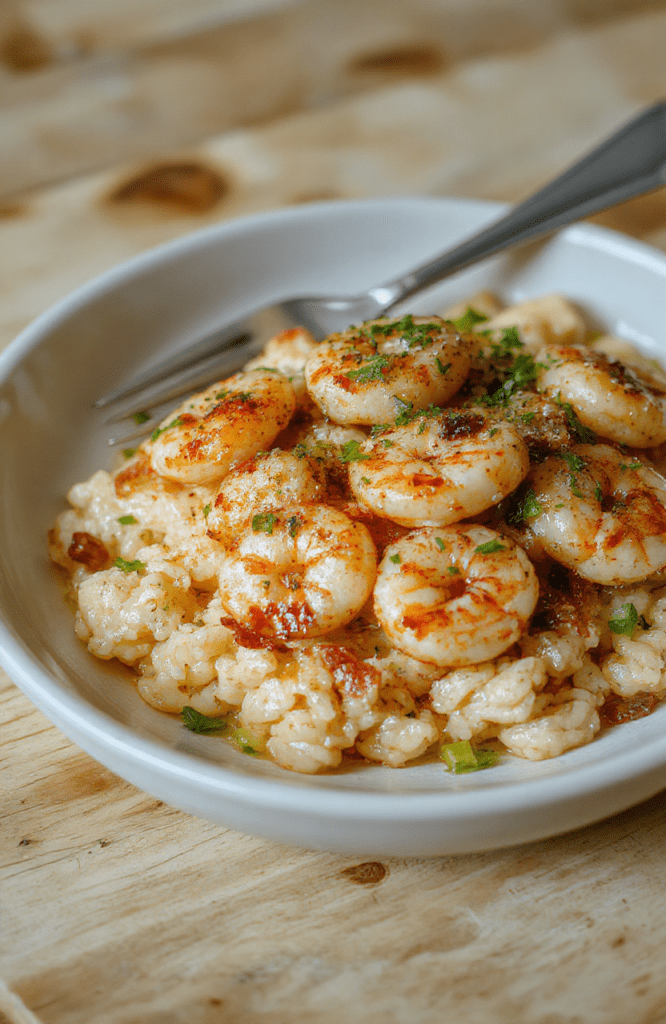 A skillet of golden shrimp in garlic butter rests atop fluffy white rice, garnished with chopped parsley and lemon wedges on a dark wooden board.